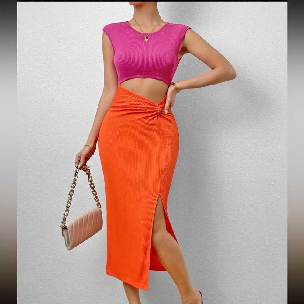 SHEIN Privé Two Tone Twist Front Cut Out Split Thigh Dress size Xl and Large